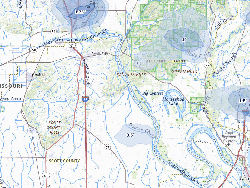 NEXRAD radar-signature map of the hail storm over Scott City, MO on Jul 8, 2026
