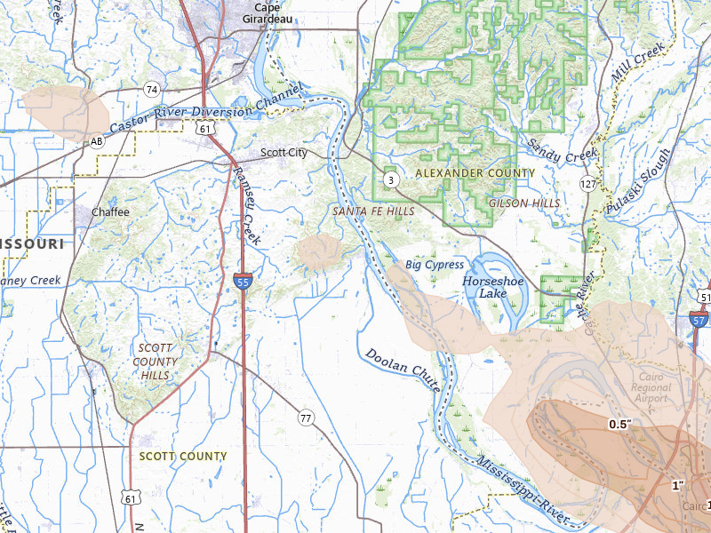Radar-estimated hail-size map of the storm over Scott City, MO on Jul 9, 2026