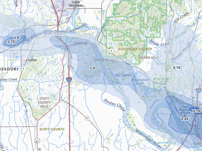 NEXRAD radar-signature map of the hail storm over Scott City, MO on Jul 9, 2026