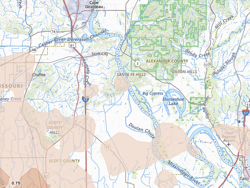 Radar-estimated hail-size map of the storm over Scott City, MO on Aug 19, 2026