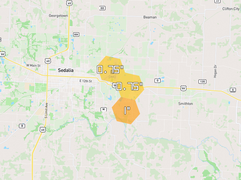 Hail map of Sedalia, MO on Jun 7, 2026, hail up to 1"