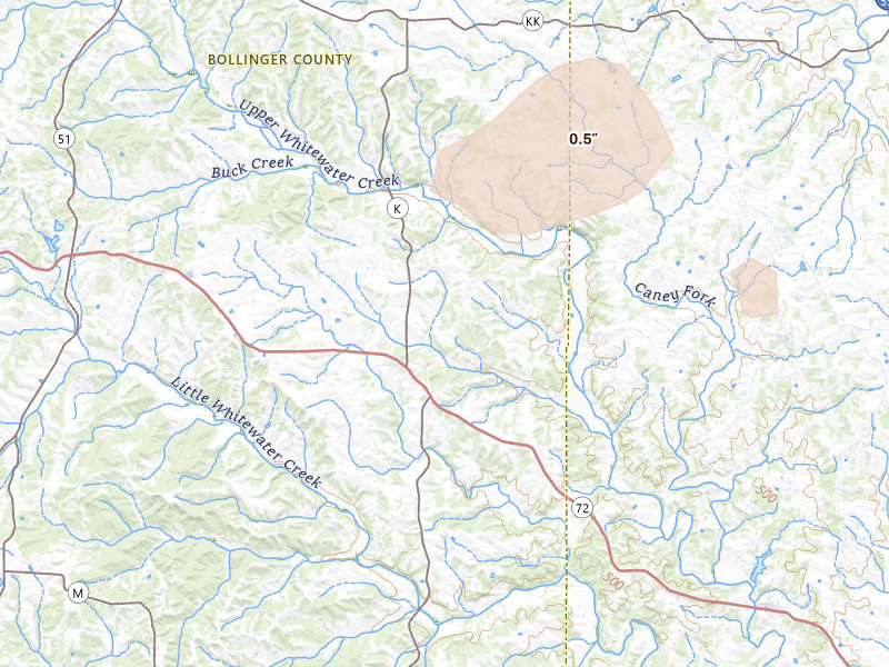 Radar-estimated hail-size map of the storm over Sedgewickville, MO on Jul 9, 2026