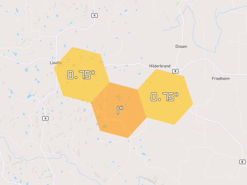 Hail map of Sedgewickville, MO on Jul 9, 2026, hail up to 1"