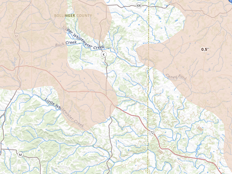 Radar-estimated hail-size map of the storm over Sedgewickville, MO on Aug 12, 2026