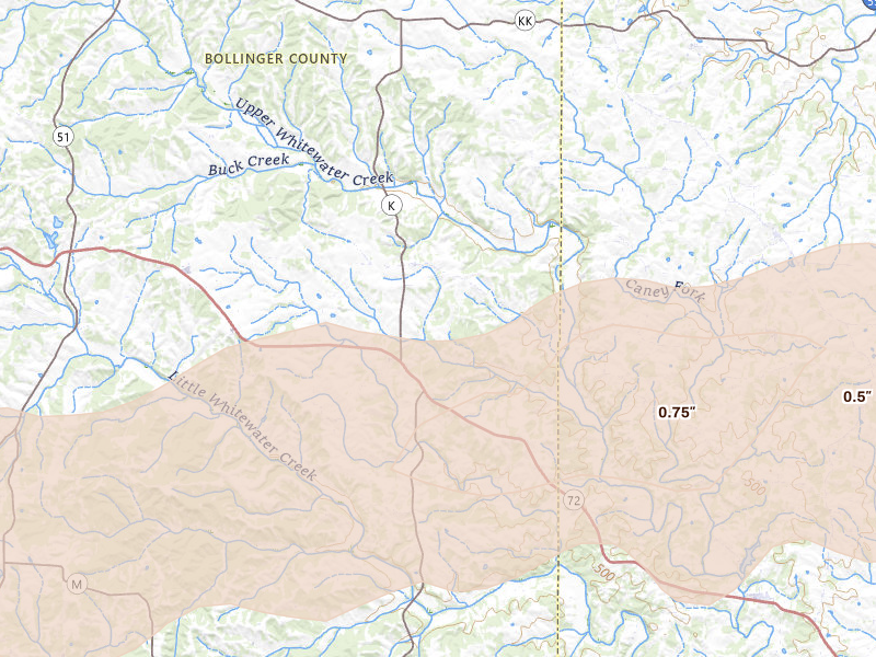 Radar-estimated hail-size map of the storm over Sedgewickville, MO on Aug 19, 2026