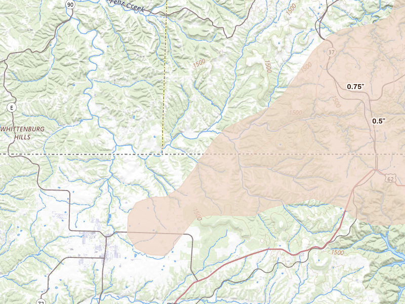 Radar-estimated hail-size map of the storm over Seligman, MO on Mar 4, 2026