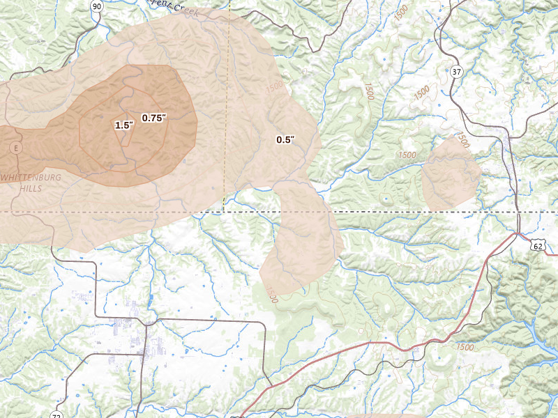Radar-estimated hail-size map of the storm over Seligman, MO on Apr 27, 2026