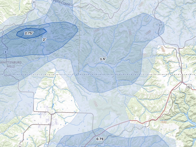 NEXRAD radar-signature map of the hail storm over Seligman, MO on Apr 27, 2026
