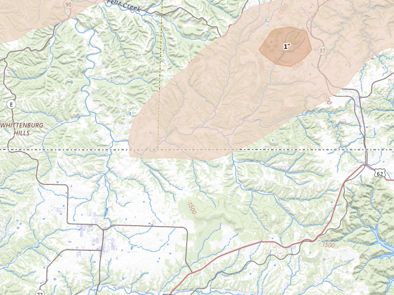 Radar-estimated hail-size map of the storm over Seligman, MO on Apr 28, 2026