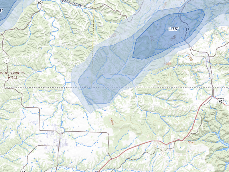 NEXRAD radar-signature map of the hail storm over Seligman, MO on Apr 28, 2026