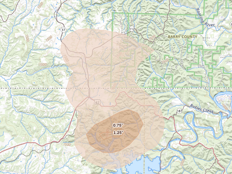 Radar-estimated hail-size map of the storm over Seligman, MO on Aug 6, 2026