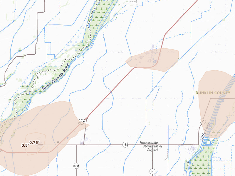 Radar-estimated hail-size map of the storm over Senath, MO on Apr 27, 2026
