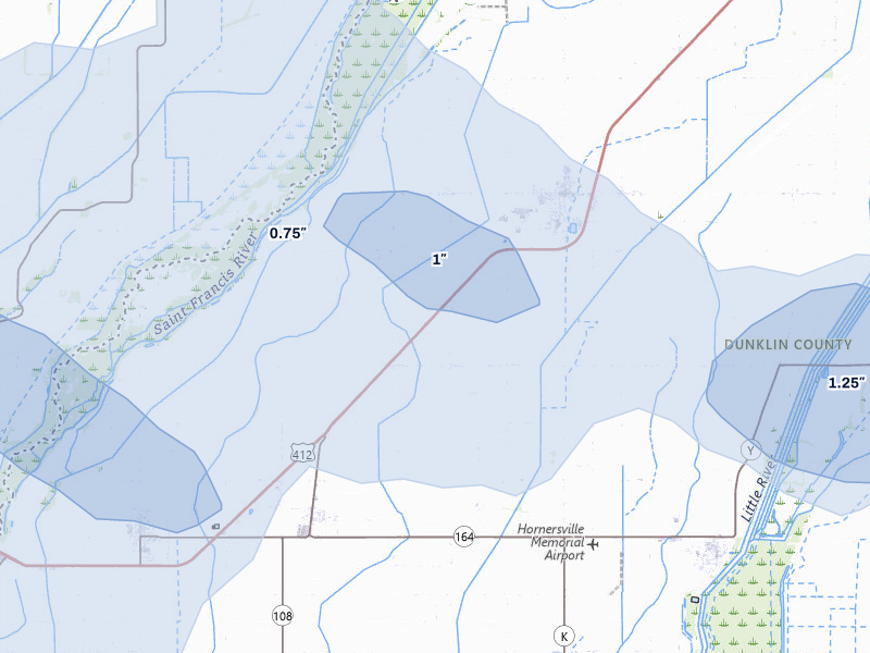 NEXRAD radar-signature map of the hail over Senath, MO