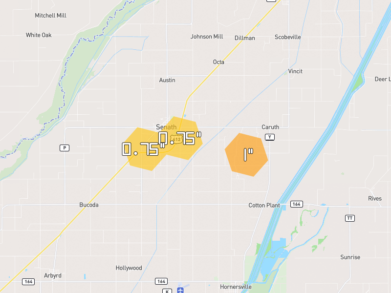 Hail map of Senath, MO on Jul 11, 2026, hail up to 1"