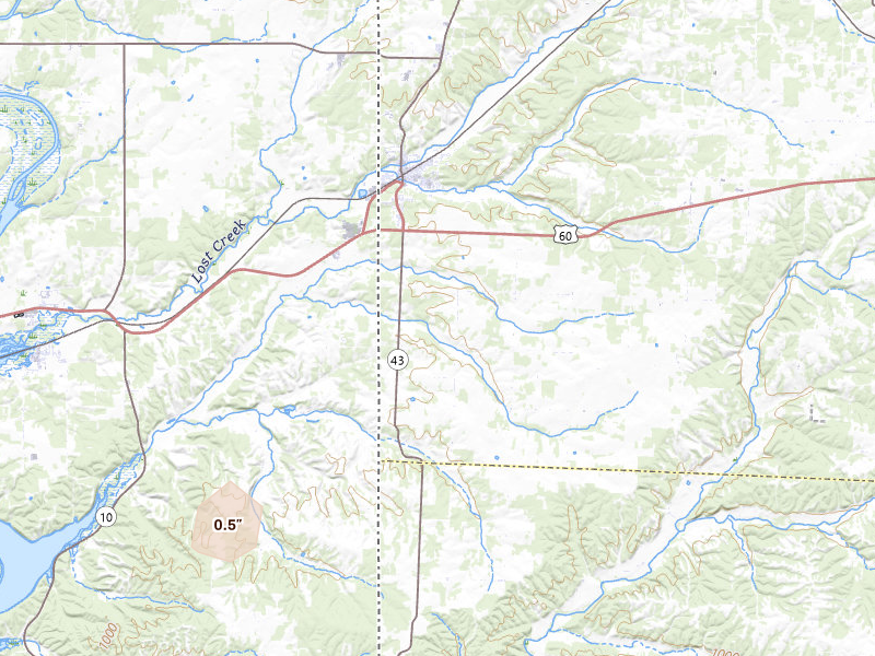 Radar-estimated hail-size map of the storm over Seneca, MO on Apr 3, 2026