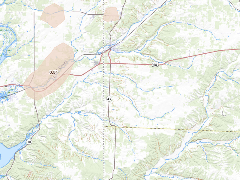Radar-estimated hail-size map of the storm over Seneca, MO on Jun 13, 2026
