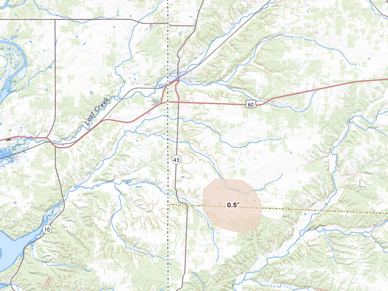 Radar-estimated hail-size map of the storm over Seneca, MO on Jul 29, 2026