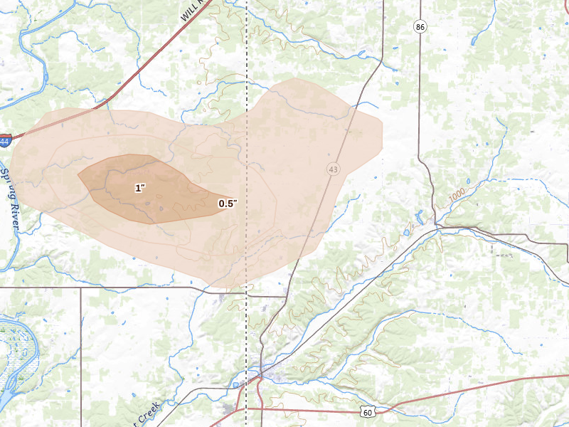 Radar-estimated hail-size map of the storm over Seneca, MO