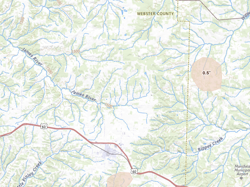 Radar-estimated hail-size map of the storm over Seymour, MO on Apr 28, 2026