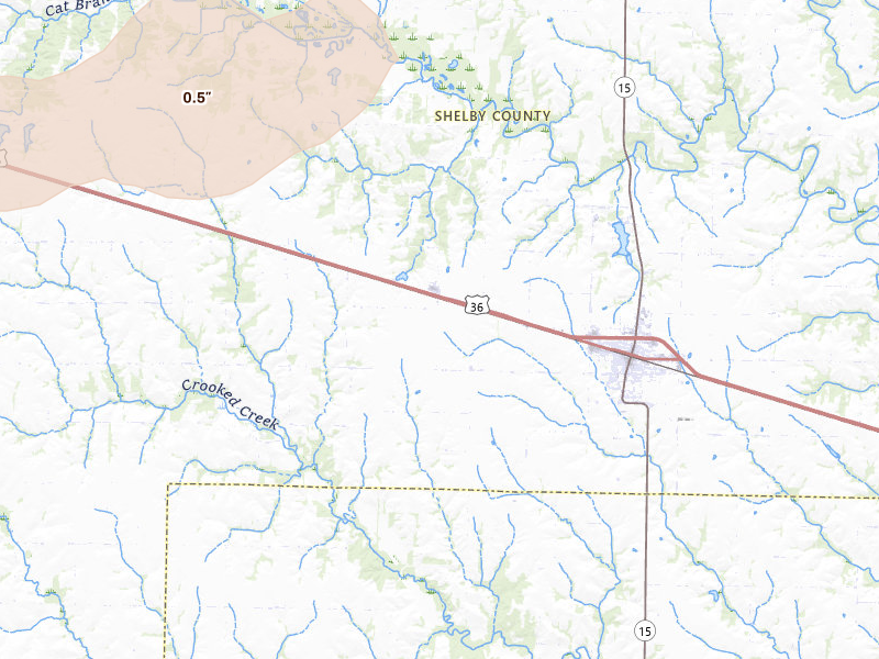 Radar-estimated hail-size map of the storm over Shelbina, MO on Mar 10, 2026