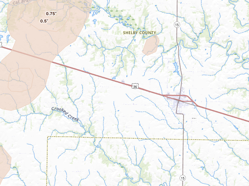Radar-estimated hail-size map of the storm over Shelbina, MO on Apr 17, 2026