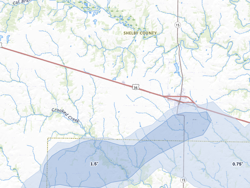 NEXRAD radar-signature map of the hail over Shelbina, MO