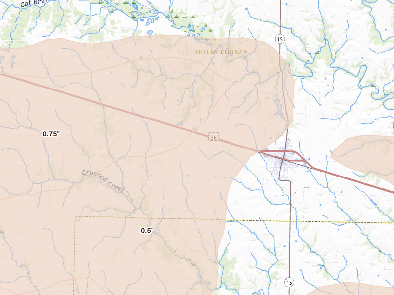 Radar-estimated hail-size map of the storm over Shelbina, MO on May 4, 2026