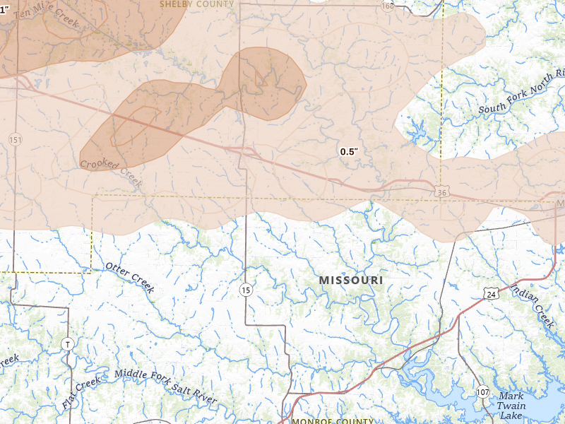 Radar-estimated hail-size map of the storm over Shelbina, MO on Jun 11, 2026