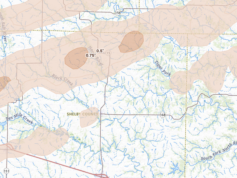 Radar-estimated hail-size map of the storm over Shelbyville, MO on Mar 10, 2026