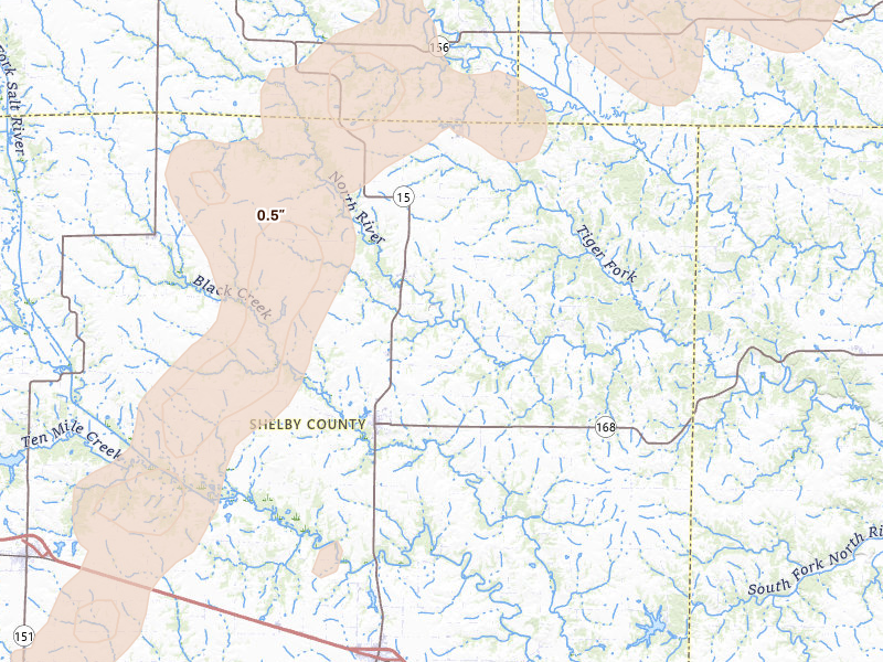 Radar-estimated hail-size map of the storm over Shelbyville, MO on Apr 17, 2026