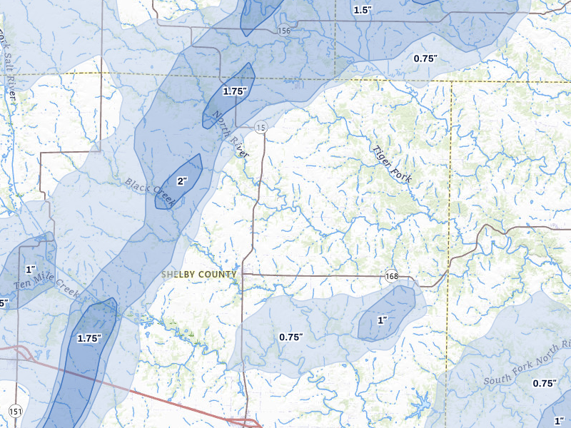 NEXRAD radar-signature map of the hail over Shelbyville, MO