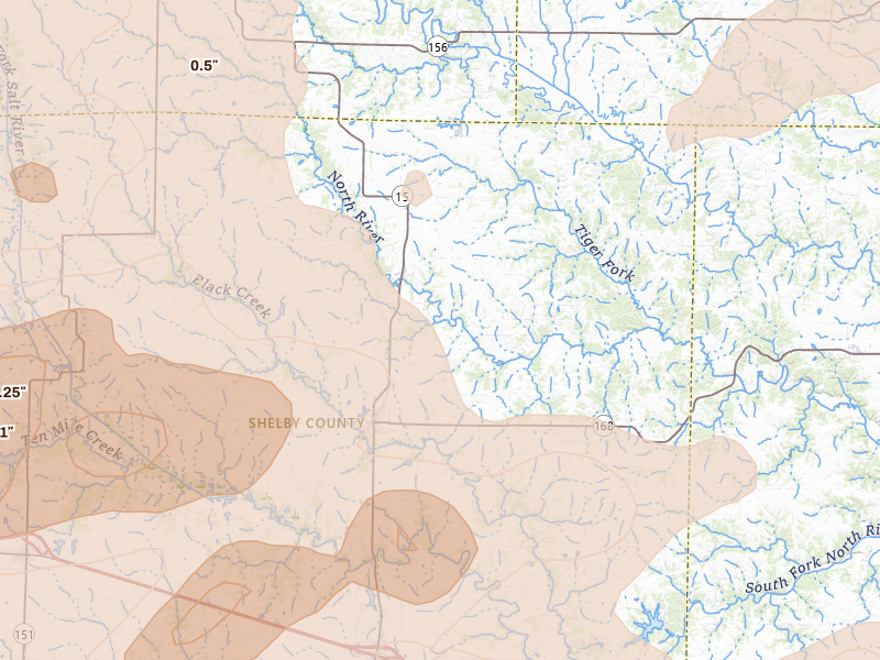 Radar-estimated hail-size map of the storm over Shelbyville, MO on Jun 11, 2026