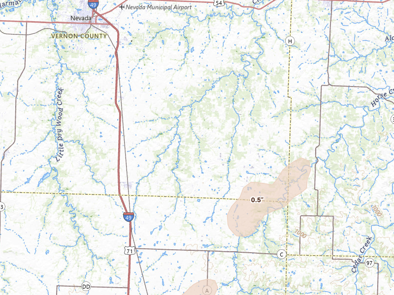 Radar-estimated hail-size map of the storm over Sheldon, MO on Apr 1, 2026