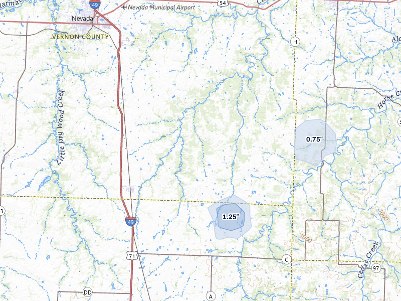 NEXRAD radar-signature map of the hail storm over Sheldon, MO on Apr 1, 2026