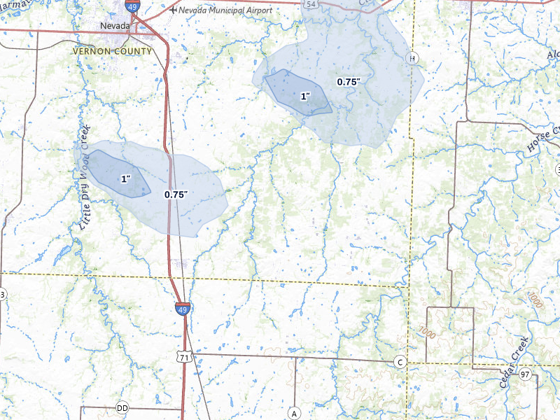 NEXRAD radar-signature map of the hail over Sheldon, MO
