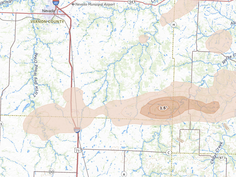 Radar-estimated hail-size map of the storm over Sheldon, MO on Apr 28, 2026
