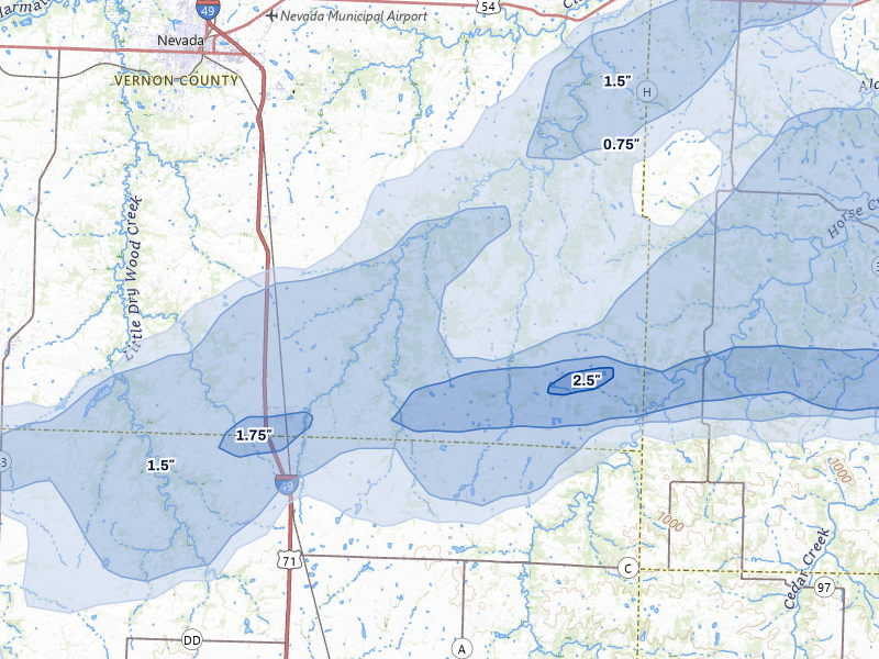 NEXRAD radar-signature map of the hail storm over Sheldon, MO on Apr 28, 2026