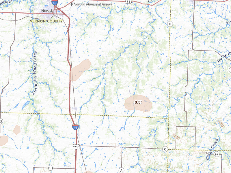 Radar-estimated hail-size map of the storm over Sheldon, MO on May 31, 2026