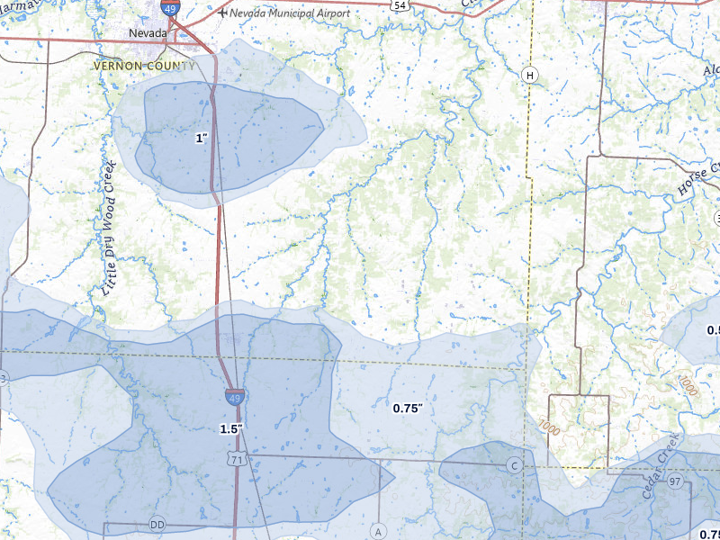 NEXRAD radar-signature map of the hail storm over Sheldon, MO on Jul 10, 2026