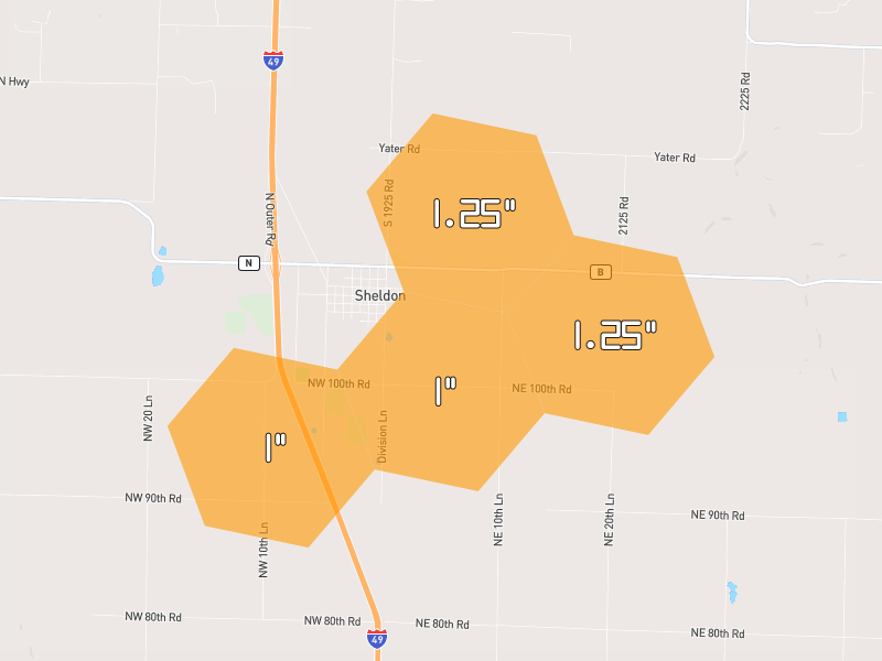 Hail map of Sheldon, MO on Jul 11, 2026, hail up to 1.25"