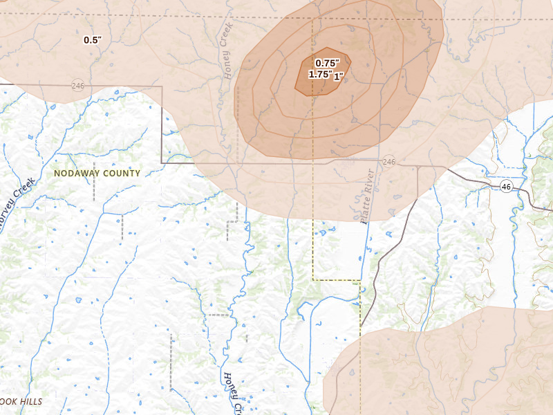 Radar-estimated hail-size map of the storm over Sheridan, MO on May 16, 2026