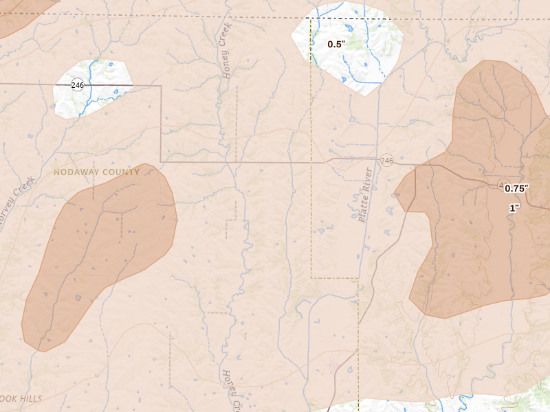 Radar-estimated hail-size map of the storm over Sheridan, MO on May 18, 2026