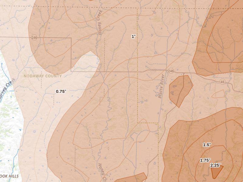 Radar-estimated hail-size map of the storm over Sheridan, MO on Jun 11, 2026