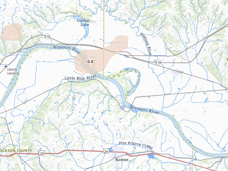 Radar-estimated hail-size map of the storm over Sibley, MO on Aug 9, 2026