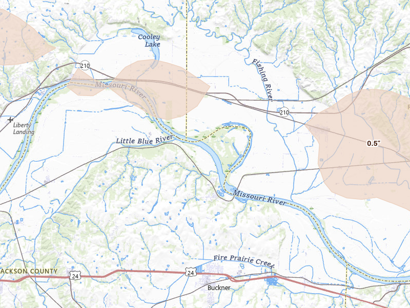 Radar-estimated hail-size map of the storm over Sibley, MO on Aug 18, 2026