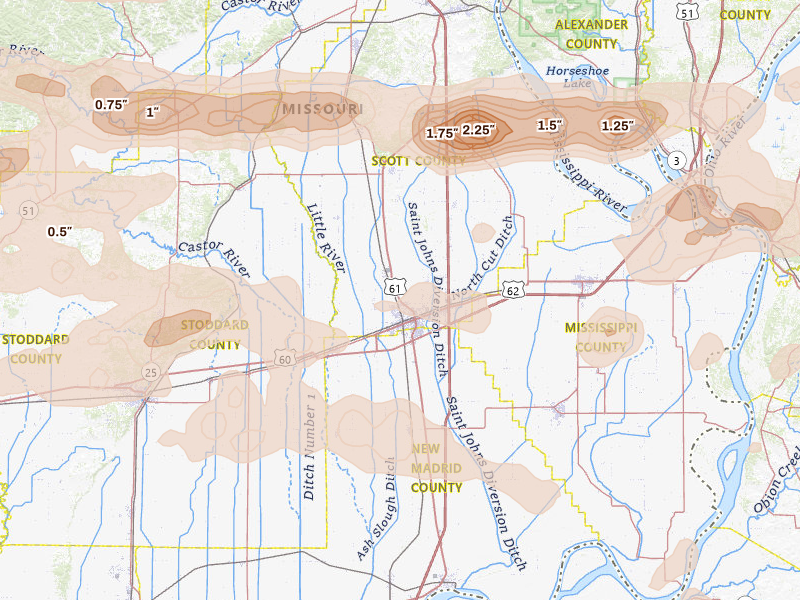 Radar-estimated hail-size map of the storm over Sikeston, MO on Apr 16, 2026