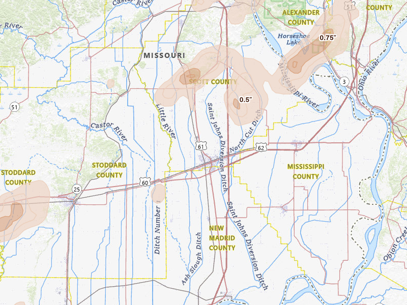 Radar-estimated hail-size map of the storm over Sikeston, MO on Apr 26, 2026