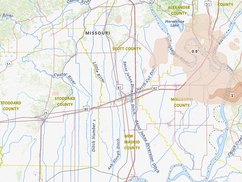 Radar-estimated hail-size map of the storm over Sikeston, MO on Jun 8, 2026