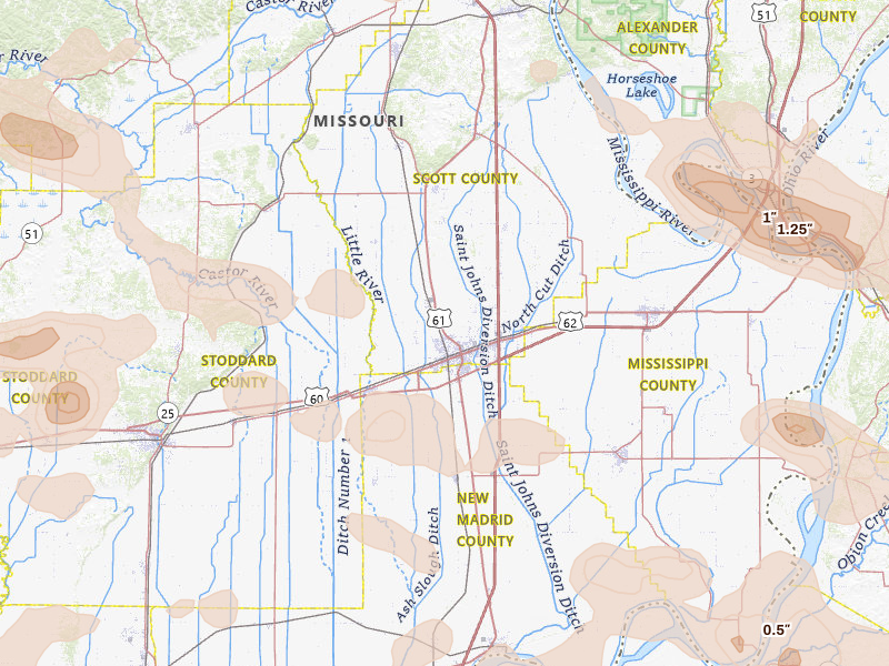 Radar-estimated hail-size map of the storm over Sikeston, MO on Jul 9, 2026