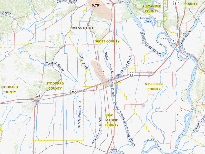 Radar-estimated hail-size map of the storm over Sikeston, MO on Jul 21, 2026